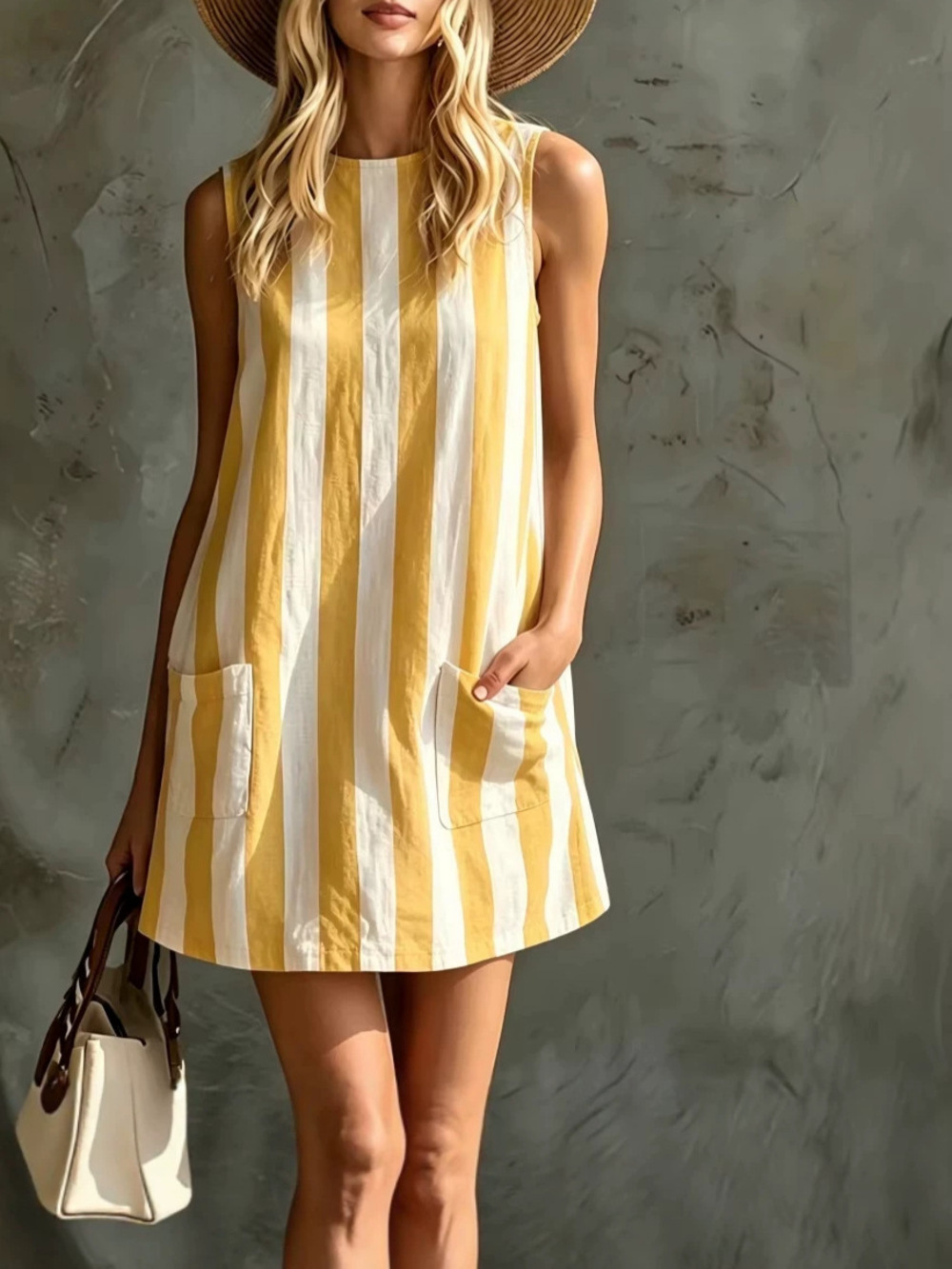 Women's Yellow Vertical Stripe Sleeveless Pocket Shift Mini Dress